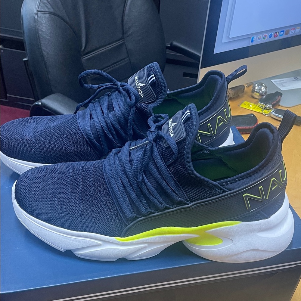 Nautica Dark Blue Athletic Shoes with White and Neon Accents size 11